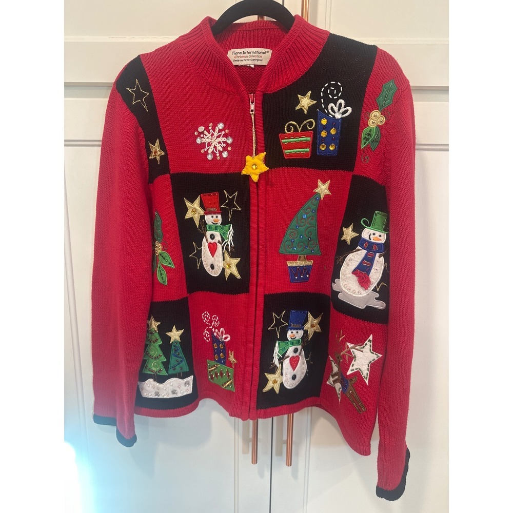 Christmas Collection Ugly Women's Red Snowman Tree Design sweater L holiday bead